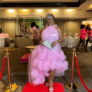 Pink Tulle Gown with Pom Pom Details